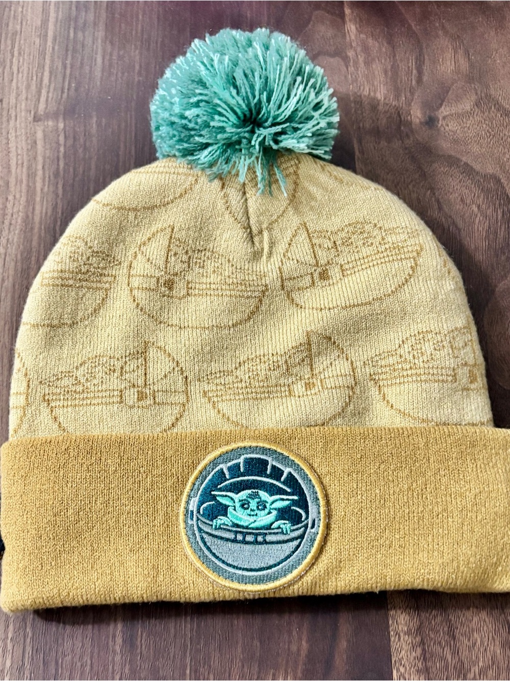 Star Wars Mustard Yellow Beanie with Green Pom Pom and Grogu Patch